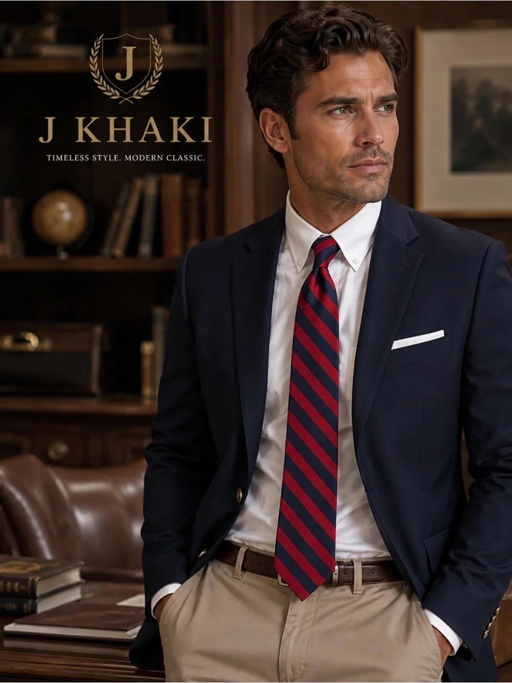J. Khaki Men’s Silk Stripe Tie – Red & Navy Classic Prep Necktie